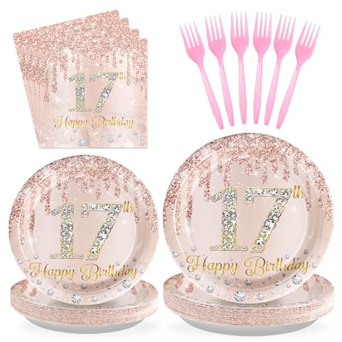 Image of Greencian 96 Rose Gold Glittery 17th Birthday Party Supplies Serves 24 | Rose Gold 17 Years Old Plates and Napkins Glittery 17th Birthday Tableware Set for Girls Seventeen Birthday Party Decorations