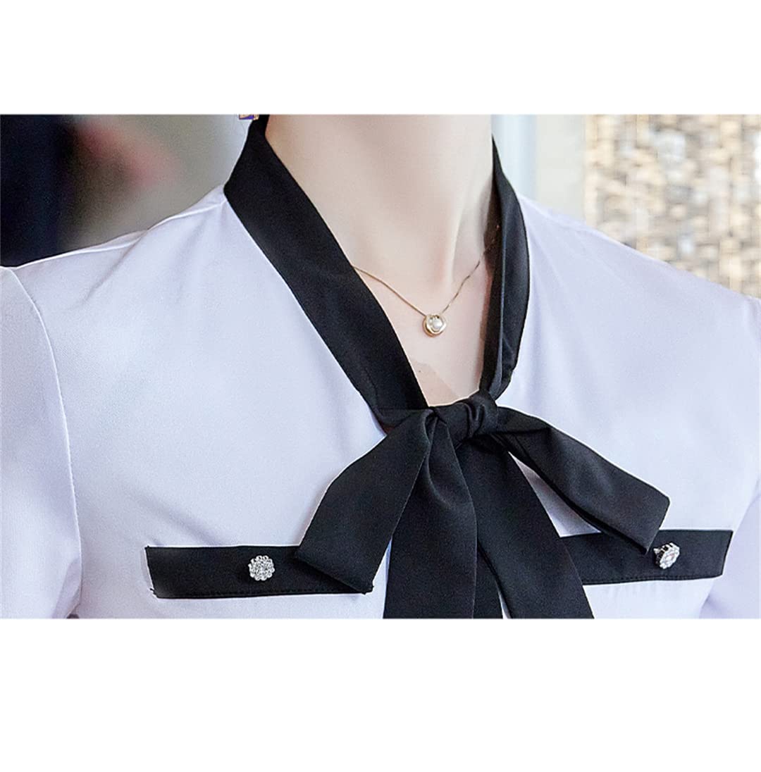 Femmes été Formelles en Mousseline de Soie Blanche Blouses avec nœud Bureau Dame décontracté Poches lâches Chemises