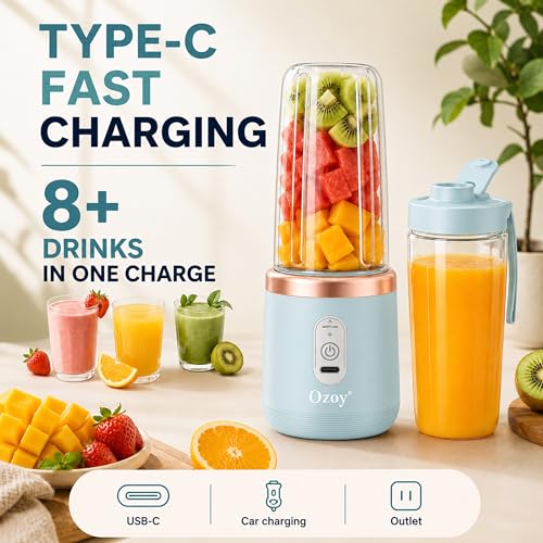 Image of Juicer for Home ^ CITRODA Juicer Mixer Grinder with 1500mAh Battery, 6 Blades 3Gears Fast Blending, 2-Jar Capacity (400ml*2) | 40 Watts Bullet Rechargeable Portable Personal Juicer (Skyblue)