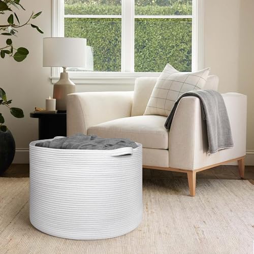 Image of MEGASKET 115L White Cotton Rope Storage Basket, 23.6 inchx15.7 inch Extra Large Blanket Storage Living Room, XXXL Soft Toy Bin for Organizing, Woven Baby Laundry Basket with Handle, Wicker Hamper Nursery