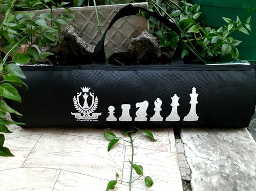 Image of 18 x 18 inches professional tournament Black and White chess board set (Fide-Standards) with Chessmen - 34 pieces and Chess bag, with 2 extra queens