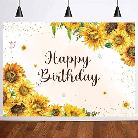Yongqian 7x5ft Sunflower Happy Birthday Photography Backdrop Yellow Sunflower Butterfly Backdrop Girls Boys Birthday Party Decoration Cake Table Decor Photo Studio Props Cover