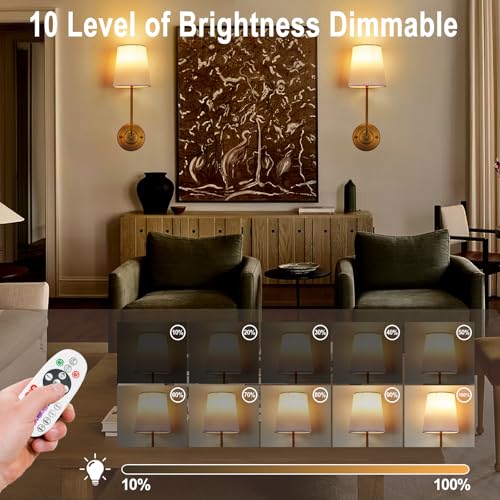 Image of Rechargeable Wall Sconces Set of 2,Battery Operated Brass Wall Sconce with Dimmable Bulb and Remote Control,Cordless Wall Sconce Lights for Living Room Decor