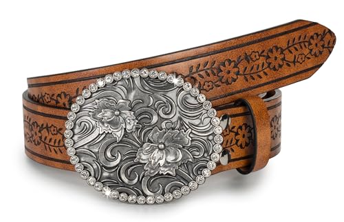 Image of Mealah Womens-Western-Belt Rhinestone-Cowboy-Cowgirl Belt - Embossed PU-Leather Belt with Diamond Flower-Buckle(for 31-38'')