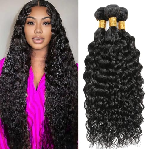 Datanala Wasserwellen-Echthaar, brasilianisches Echthaar, 12 A, 100 % unverarbeitet, nasses und gewelltes Echthaar, 56 cm, 61 cm, 66 cm, 66 cm, 3 Bündel, natürliche schwarze Farbe, für schwarze Frauen