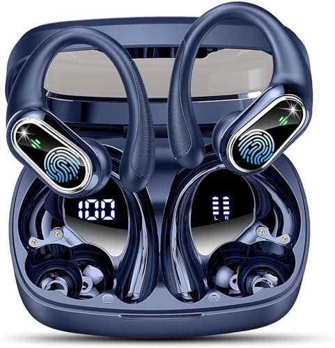 Auriculares Inalambricos Deportivos, Auriculares Bluetooth 5.3 con HD Mic y Cancelacion Ruido ENC, Pantalla LED, 50H Cascos Inalambricos Bluetooth HiFi Estéreo para Deportes, IP7 Impermeable, Azul