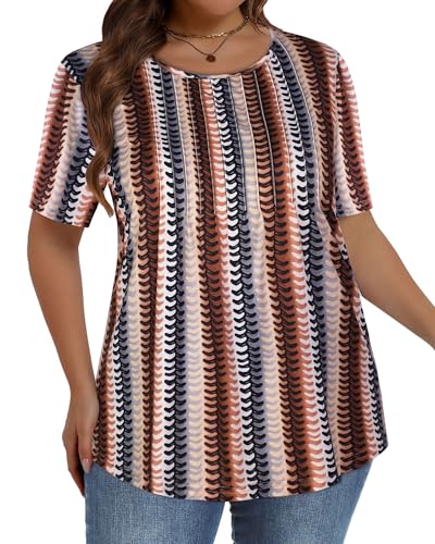 Image of Plus Size Tops for Women Pleated Summer Top Trendy Short Sleeve Shirts Casual Basic Tee Crew Neck Blouses 2026