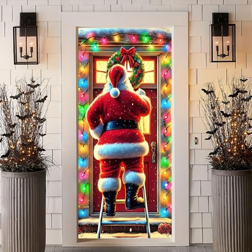 Image of BlissYard Christmas Door Cover 71x35 Inch Funny Santa Claus Hanging Wreath on Ladder Door Banner Holiday Decoration Winter Xmas Photo Backdrop for Indoor Outdoor Porch Home Party Supplies