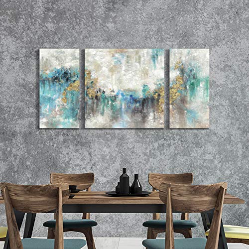 Abstract Canvas Textured Wall Art: Mixed Media Abstract Painting Teal &Gold Foil Artwork For Living Room ( 12'' X 24'' X 2 + 24' 'X 24'' ) #TOP4