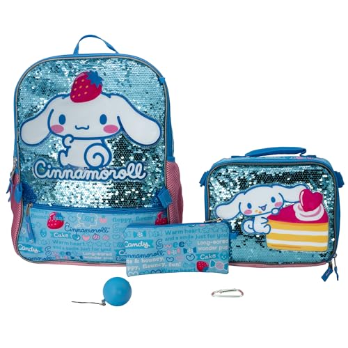 AI ACCESSORY INNOVATIONS Sanrio’s Cinnamoroll 5 Piece Backpack Set, Hello Kitty Kawaii Flip Sequin Girls School Bag with Front Zip Pocket, 2 Side Mesh Pockets, Blue