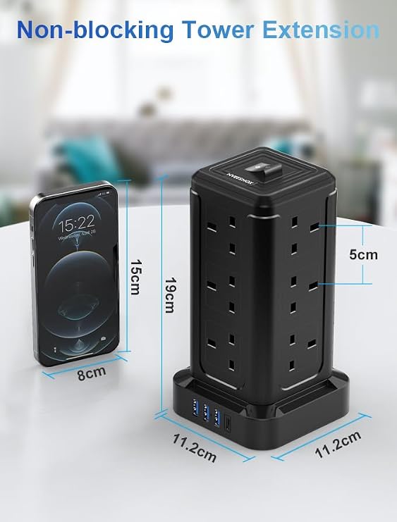 Tower Extension Lead with USB Slots, 16 In 1 Surge Protector Extension Cord | 12AC+3 USB+1 USB C, 3250W/13A, 2M, Ideal for Modern, Scandinavian, Rustic, Classic Interiors, Living Room, Home or Office
