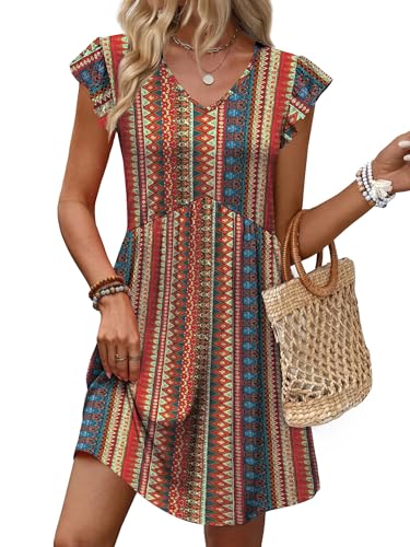 Image of OFEEFAN Summer Dresses for Women Beach Vacation Clothes V Neck Ruffle Sleeve Babydoll Dress Elegant Classy Sundress