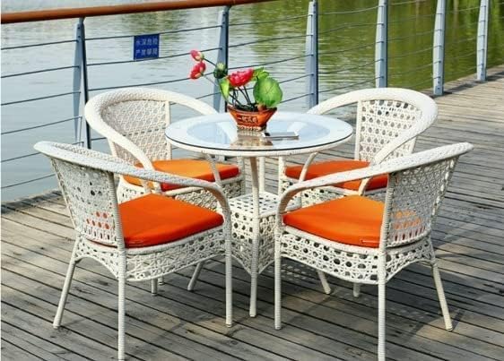 AAKARSHAK India 4+1 Outdoor Indoor Patio Furniture Sets Rattan Chair Patio Set Conversation Set Bistro Set Chairs Balcony Rooftop Outdoor Garden Furniture Chair with Cushion (White & Orange)