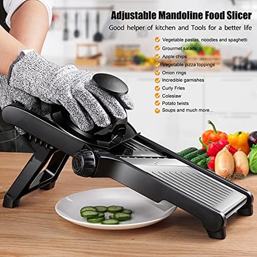 Mastertop Mandoline Food Slicer, 5 in 1 Stainless Steel Mandoline Vegetable Slicer, Adjustable Mandoline Slicer for Potato, Onion,Cucumber, Cabbage, Send Cut Proof Gloves and Cleaning Brush