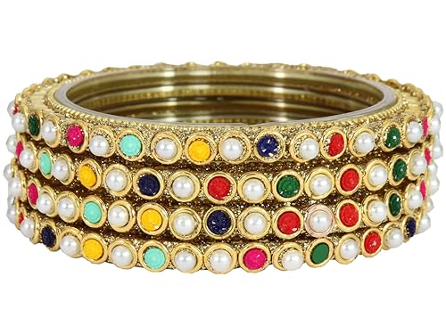 Image of NMII Glass Golden Zircon Gemstone & Colorful Beads Studded Bangles Kada Set For Women & Girls | Traditional Stylish Kangan | Bangles For Women Glass | Wedding, Party, Occasion Wear Bangle- Set of 4