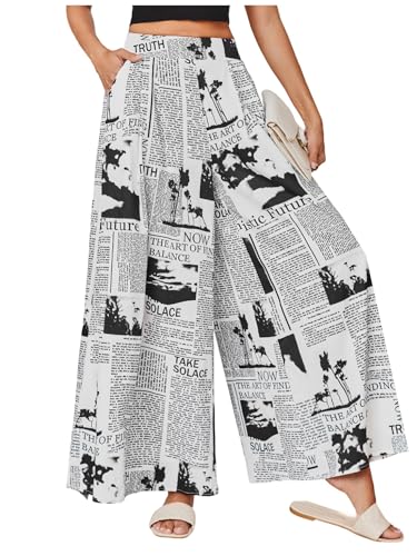 WDIRARA Women's Newspaper Print Wide Leg Pants White
