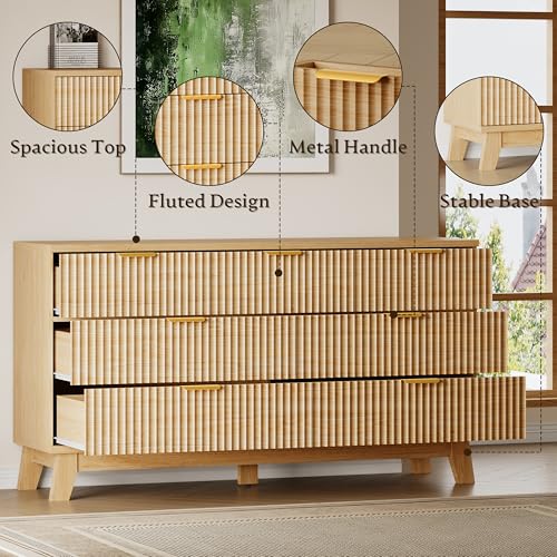Image of BORNOON Fluted 7 Drawer Dresser, 47.2 inch Wide Modern Boho Chest of Drawers, Wooden Storage Dresser TV Stand for Bedroom, Living Room, Closet, Hallway, Curved Profile Design