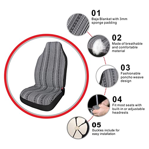 Baja Black & Gray Saddle Blanket Car Seat Covers With Steering Wheel Cover & Seat Belt Protectors 10Pc Universal Seat Covers Full Set For Sedan, Car #TOP6