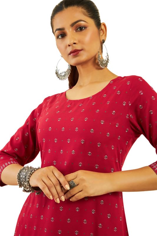 Image of Soch Womens Rayon Floral All-Over Print Round-Neck Straight Kurta