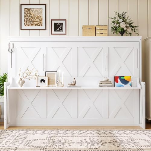 Image of KEIKI Full Size Horizontal Cabinet Murphy Bed with Desk, Solid Slats, White