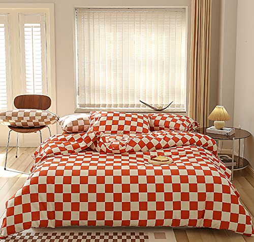 Image of KAREVER Orange White Grid Comforter Set King Burnt Orange Plaid Bedding Set Women Reddish and White Checkered Bed Comforter Set Breathable Blanket Set Men Durable Bedding Comforter Set