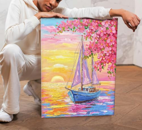 Image of ArtX Boat Canvas Painting for Vastu, Colorful Landscape Wall Art, Cherry Blossom Nature Canvas Painting, Gallery Wrapped Canvas for Living Room, Bedroom, Office Decor, 45 x 58 cm