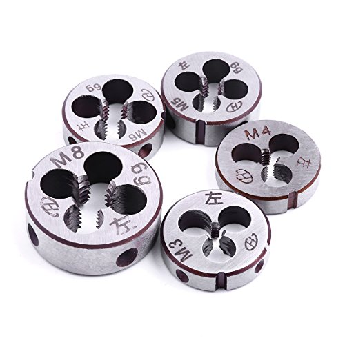 ATOPLEE 5pcs Metric Left Hand Thread Die Set M3X0.5mm M4X0.7mm M5X0.8mm M6X1.0mm M8X1.25mm