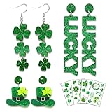 St Patricks Day Earrings & Tattoos for Women, 3 Pairs Irish Earrings + Shamrock Temporary Tattoos for Irish Festival Party Celebration, Green Saint Patricks Day Shirt & Outfits Accessories for Adults