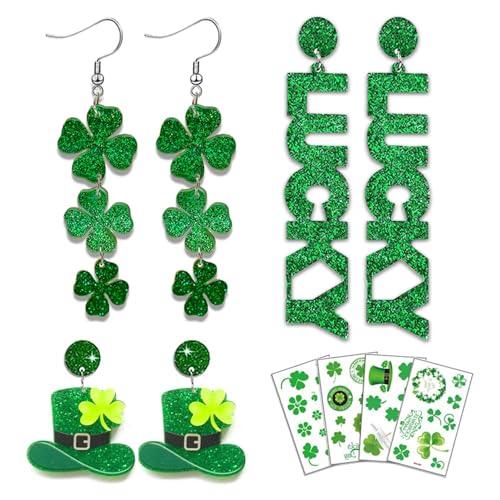 St Patricks Day Earrings & Tattoos for Women, 3 Pairs Irish Earrings + Shamrock Temporary Tattoos for Irish Festival Party Celebration, Green Saint Patricks Day Shirt & Outfits Accessories for Adults