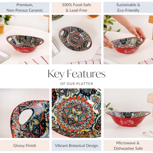 Image of Nestasia Mandala Ceramic Serving Bowl with Handles (400 ml) - Microwave & Dishwasher Safe Pasta Bowl | Floral Bowl with Glossy Finish - Ideal for Soup, Curries, Snacks, Salad & Noodles (Red)