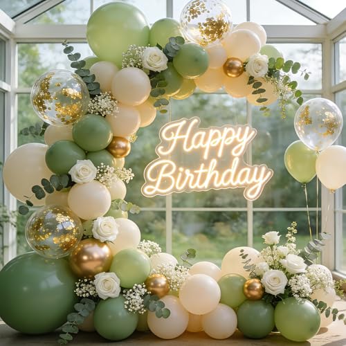 Image of Sage Green Gold Balloons - 50 pcs 12 inch Olive Green Sand White Metallic Gold Confetti Balloons for Birthday Baby Shower Wedding Bridal Shower Party Decorations