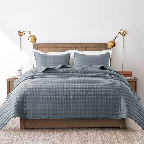 ROARINGWILD Blue King Size Quilt Bedding Sets with 2 Pillow Shams, Lightweight Soft Bedspread Coverlet, Quilted Blanket Thin Comforter Bed Cover for All Season, 3 Pieces, 104x90 inches