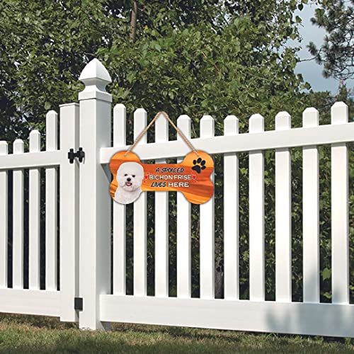 Image of CVANU Laser Cut MDF Wooden Pet Dog Sign Plaque Bone Design A Spoiled Bichon Frise Lives Here Animal Love Sign Board, Name Plate for Dog House White, Size(10x5) inch