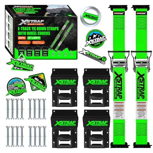 XSTRAP STANDARD Wheel Chock E-Track Tie Down Straps Kit 2 Pack 2 x 9FT Over-The-Tire Ratchet Straps with Steel Wheel Chocks 1466 lbs WLL for ATV UTV Lawn Mower Trailer Hauling Green