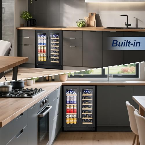 Wine and Beverage Refrigerator with Glass Door, 24-Inch Dual Zone Wine Fridge Under-Counter,4.6 Cu.Ft. 65 Cans and 20 Bottles Wine Cooler,Built-in or Freestanding Wine and Drink Fridge with Blue Light
