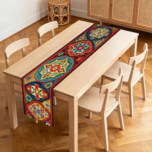 Image of Nuxovilar Multicolor Geometric Floral Flax Table Runner 13x72 in