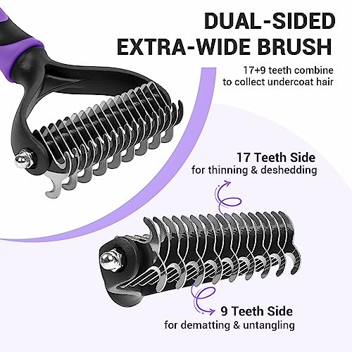 MIU COLOR Pet Grooming Brush, 2 Sided Undercoat Rake for Dogs & Cats, Professional Deshedding Brush and Dematting Tool, Effective Removing Knots, Mats, Tangles for Cats, Dogs, Extra Wide (Purple) MIU COLOR Pet Grooming Brush, 2 Sided Undercoat Rake for Dogs & Cats, Professional Deshedding Brush and Dematting Tool, Effective Removing Knots, Mats, Tangles for Cats, Dogs, Extra Wide (Purple)