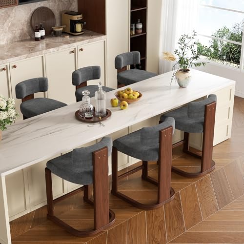 Image of Bar Stools Set of 6, Upholstered Counter Height Bar Stools, Mid Century Modern Counter Stools with Curved Backrest, Solid Wood Legs, 26 inch Bar Chairs for Kitchen Island Bar, Dark Grey