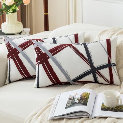 Jayusaror Housses de Coussin 30x50 Rouge Gris Velours Coussin Canape Géométriques Housses Coussin Décoratives d'automne pour Canapé-lit Canapé Décoration...
