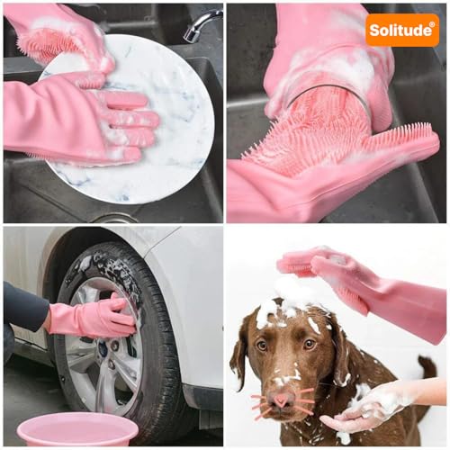 Image of Solitude Magic Gloves Silicone Dish Washing Cleaning Gloves, Silicone Hand Gloves for Kitchen Dishwashing and Pet Grooming, Great for Washing Dish, Car, Bathroom (Multicolour, 1 Pair)