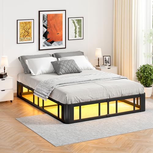Meitewei Queen Bed Frame with LED Lights, 10″ Metal Platform Bed Frame, 1000 Lbs Heavy Duty Steel Slats Support Mattress Foundation, Round Corner Legs/No Box Spring Needed/Noise Free/Easy Assembly