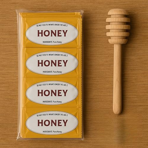 Paquete de 25 sobres individuales de miel con dipper de madera