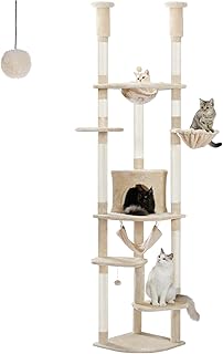 PEQULTI Floor to Ceiling Cat Tree 92.9â€™â€™-101.6â€™â€™ Height Adjustable Cat Tower Tall Kitty Climbing Play House with Scratching Posts, Cozy Condo, Perches and Large Hammock for Indoor Cats Beige