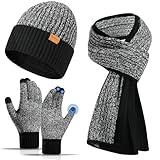 floconssy Men's Winter Hat Scarf Gloves Set, 3 PCS Warm Beanie Long Scarf fleece lined Touchscreen Gloves for Cold Weather, Black and Grey, One Size