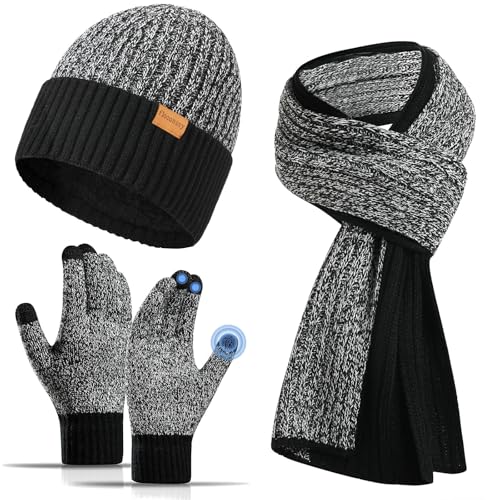 floconssy 3 PCS Men's Winter Hat Scarf Gloves Set, Warm Knit Beanie Thermal Long Scarf fleece lined Touchscreen Gloves for Cold Weather Black Grey