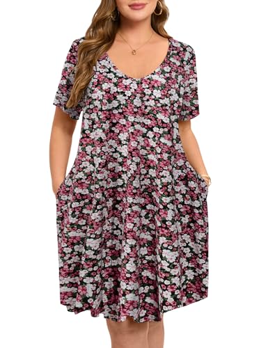 Image of ZENNILO Women's Plus Size Swing Dress with Pockets Casual Summer Dresses V Neck Short Sleeve T Shirt Dress for Women