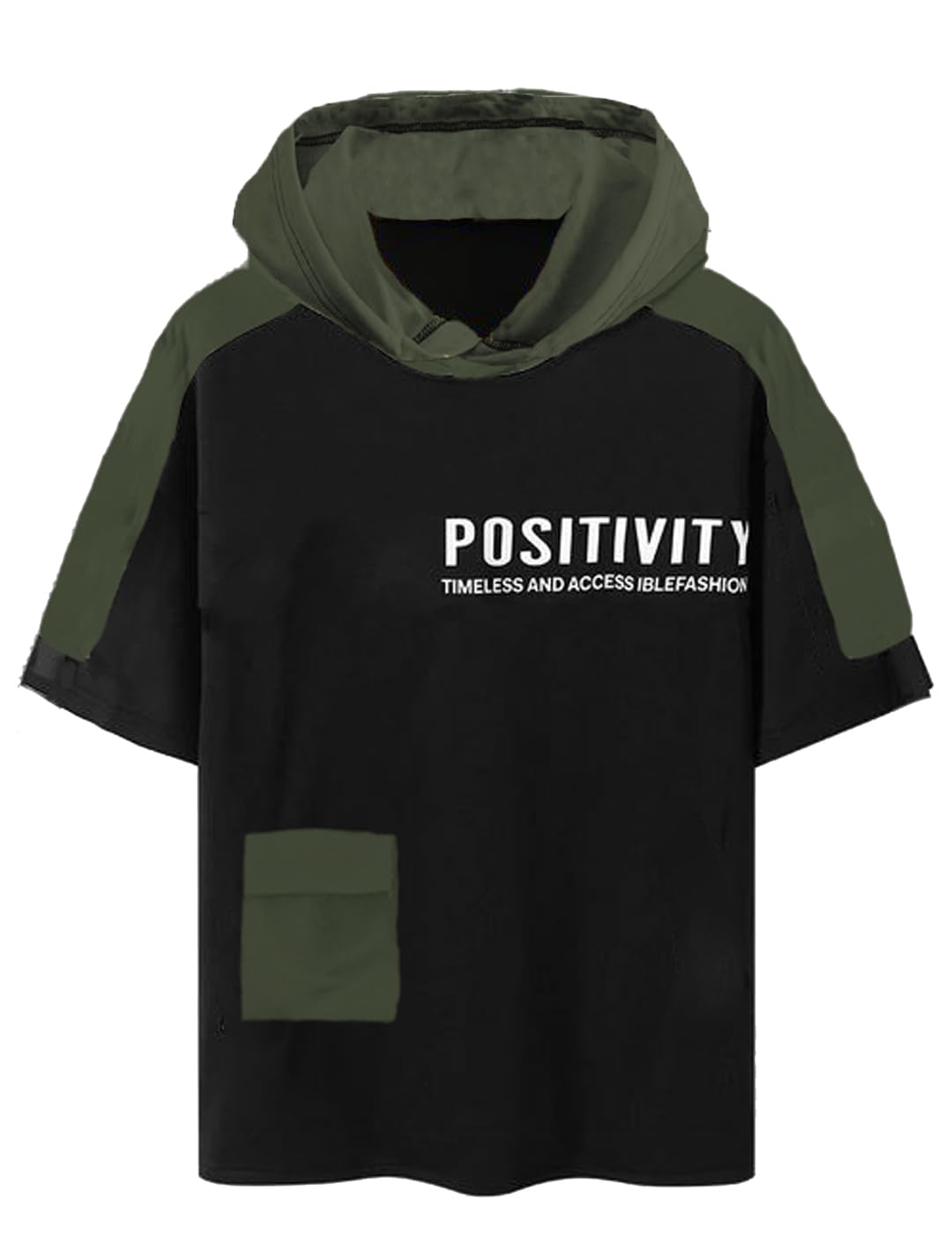 LEWEL Men's Stylish Hooded Neck Printed 3/4th Sleeve Oversized T-Shirt (Black, Dark Green)
