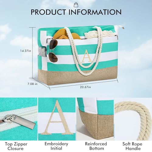YOOLIFE Large Initial Beach Bag Waterproof Tote Zipper Bag Personalized Gifts for Women Her Birthday Travel Beach Essential3