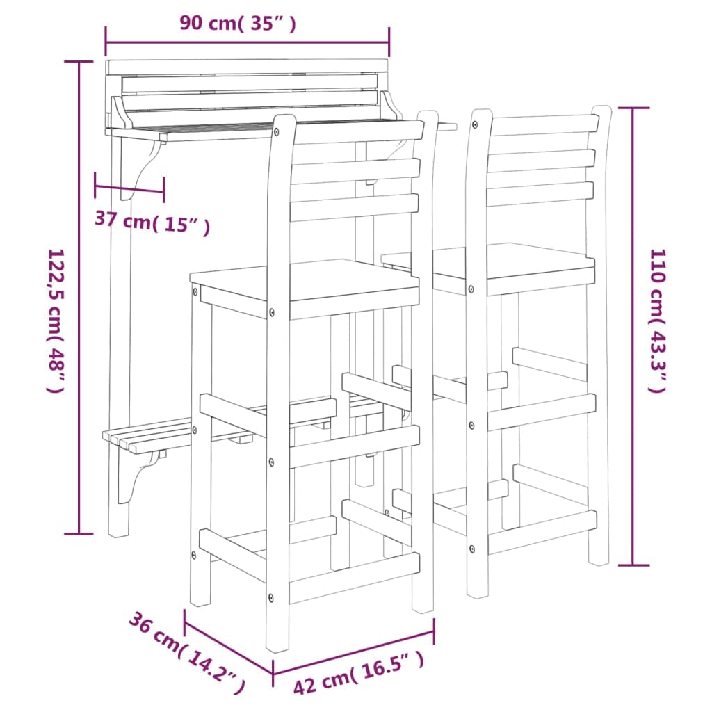 vidaXL Juego Muebles de Bar de Balcón 3 Piezas Mesa Silla Asiento Butaca Taburete Pub Bistró Comedor Patio Desayuno Madera Maciza de Acacia