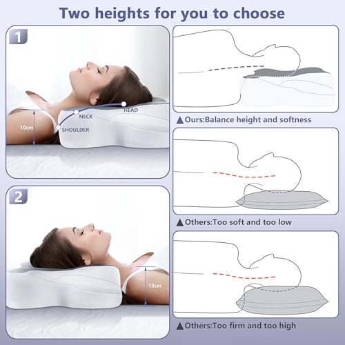 JINXIA Nackenkissen Kopfkissen, Ergonomisches Kopfkissen, Memory Foam-Kissen mit Abnehmbarem Kissenbezug für Seiten-, Rücken- und Bauchschläfer, Grauweiß